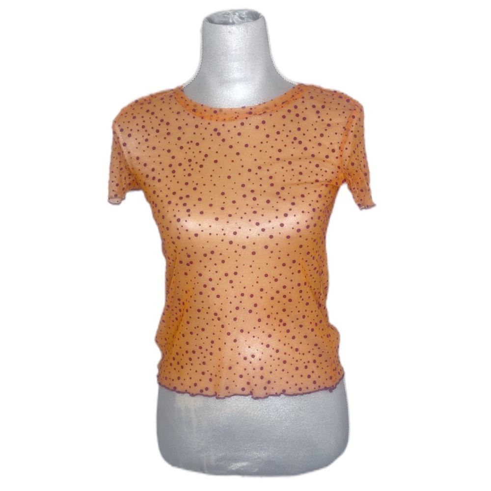 Zara Sheer Mesh Purple Polka Dot Y2K Style Short Sleeve Top Small